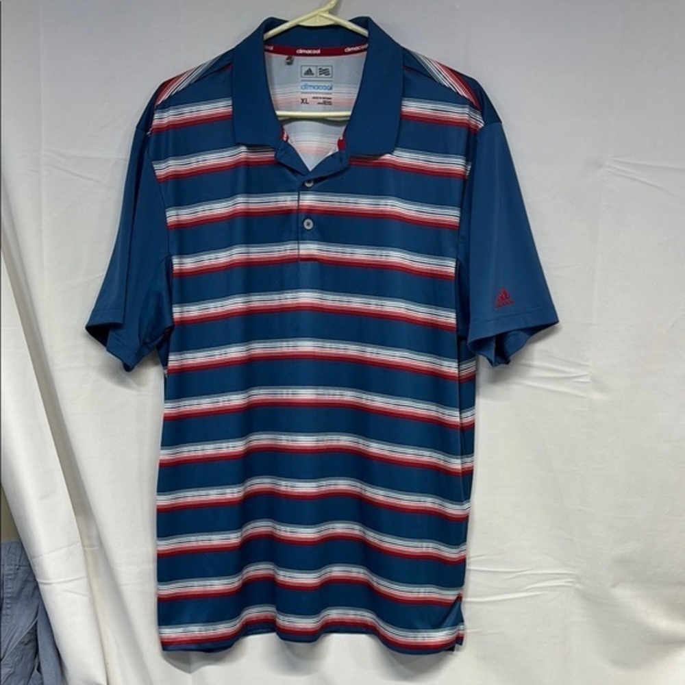Adidas climacool 3 button down collard  Blue Striped Polo Shirt xl